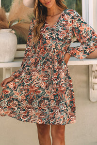 Brown Geometric Print Long Sleeve Surplice Flowy Dress | Dresses/Mini Dresses