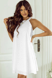 White Boho Eyelet Pattern Halter Neck Sleeveless Dress | Dresses/Mini Dresses