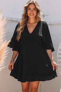 Black Ruffled 3/4 Sleeve V Neck Babydoll Mini Dress | Dresses/Mini Dresses