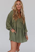 Load image into Gallery viewer, Green V Neck Puff Sleeve Frill Tiered Mini Dress | Dresses/Mini Dresses
