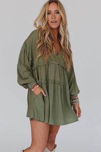 Green V Neck Puff Sleeve Frill Tiered Mini Dress | Dresses/Mini Dresses