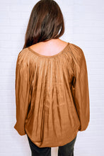 Load image into Gallery viewer, Puff Sleeve Blouse | Camel Satin Pleated Tied V Neck Top
