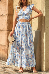 White Floral Ruffled Crop Top and Maxi Skirt Set | Two Piece Sets/Two Piece Dresses