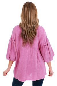 Pink Crinkle Bubble Sleeve Raw Hem Babydoll Blouse | Tops/Blouses & Shirts