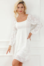 Load image into Gallery viewer, White Jacquard Square Neck Bubble Sleeve Dress | Dresses/Mini Dresses
