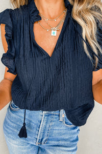 Flutter Sleeve Top | Navy Blue V Neck Textured Blouse