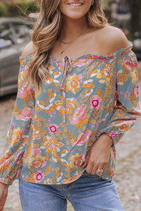 Blue Frilled Off Shoulder Floral Blouse | Tops/Blouses & Shirts