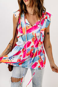 Multicolor Abstract Print V Neck Ruffled Tank | Tops/Tank Tops