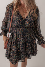 Load image into Gallery viewer, Black Floral Print V Neck Ruffled Puff Sleeve Mini Dress
