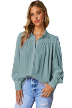 Load image into Gallery viewer, Sky Blue Solid Color Button Up Puff Sleeve Blouse | Tops/Blouses &amp; Shirts
