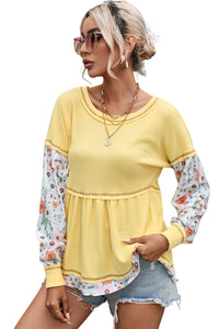 Babydoll Top | Yellow Floral Patchwork Waffle Knit  Blouse