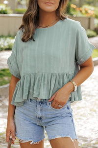 Laurel Green Textured Ruffled Hem Short Sleeve Blouse | Tops/Blouses & Shirts