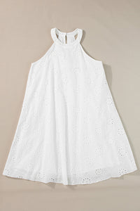 White Boho Eyelet Pattern Halter Neck Sleeveless Dress | Dresses/Mini Dresses