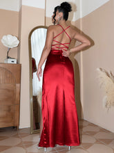 Load image into Gallery viewer, Formal Satin Gown | Backless Crisscross Ruched Split Dress
