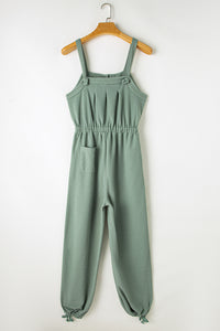 Textured Drawstring Jumpsuit | Moss Green Knotted Straps Button