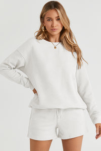 Drawstring Shorts Set | White Textured Long Sleeve Top