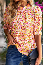 Load image into Gallery viewer, Orange Boho Floral Ruffle Short Sleeve Frill Mock Neck Blouse | Tops/Blouses &amp; Shirts
