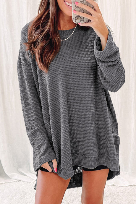 Gray Waffle Knit High Slits Oversized Top | Tops/Long Sleeve Tops