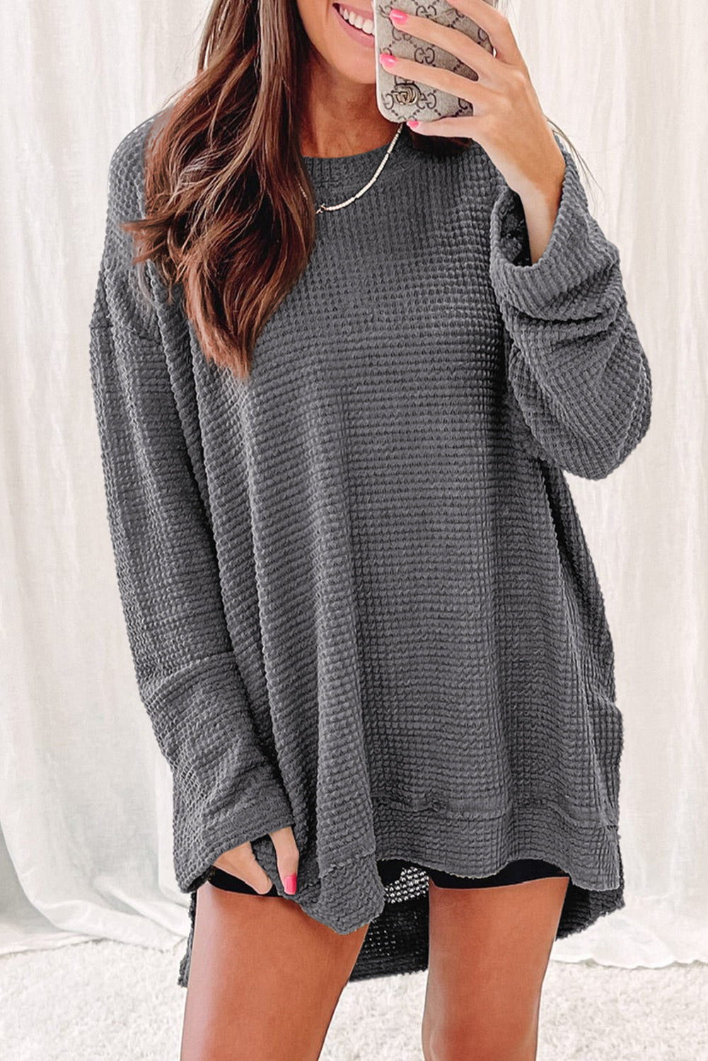 Gray Waffle Knit High Slits Oversized Top | Tops/Long Sleeve Tops