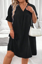 Load image into Gallery viewer, Plus Size Mini Dress | Black Solid Ruffled Puff Sleeve V Neck
