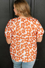 Load image into Gallery viewer, Orange Plus Size Floral Print Drawstring V Neck Short Sleeve Blouse | Plus Size/Plus Size Tops/Plus Size Blouses &amp; Shirts
