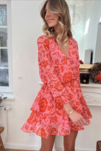 Load image into Gallery viewer, Fiery Red Floral Ruffle Layered Puff Sleeve Surplice Dress | Dresses/Floral Dresses
