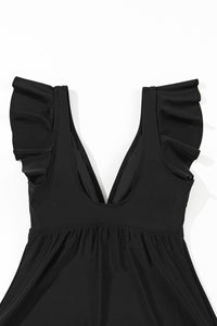 Black Sexy V Neck Ruffle Sleeve Tankini Top | Swimwear/Swim Tops