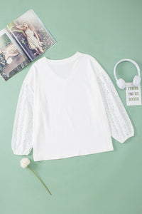 Puff Sleeve Top | White V-neck Embroidered Patchwork