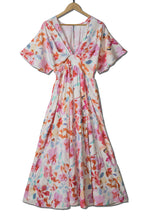 Load image into Gallery viewer, Multicolor Tropical Floral Print Ruched V Neck Maxi Dress | Dresses/Floral Dresses
