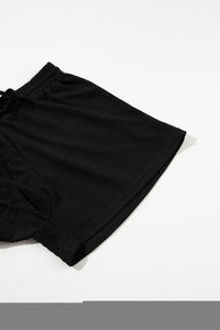 Drawstring Shorts Set | Black Casual Textured Tee and Shorts