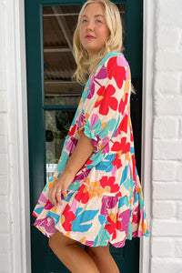 Multicolour Floral Tiered V Neck Plus Dress | Plus Size/Plus Size Dresses/Plus Size Mini Dresses