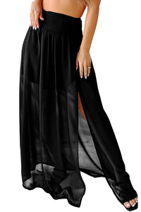 Beach Maxi Skirt | Black High Waist Chiffon Split Beach Skirt