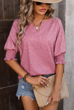 Load image into Gallery viewer, Puff Sleeve Top | Rose Tan Smocked Notched Neck T Shirt
