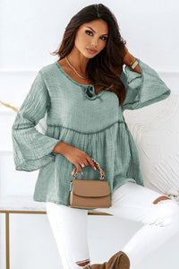 Green Crinkle Lace Up Round Neck Bell Sleeve Blouse | Tops/Blouses & Shirts