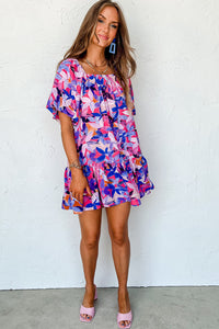 Purple Flower Print Short Puff Sleeve Ruffled Dress | Dresses/Floral Dresses