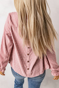 Long Sleeve Blouse | Swiss Dot Flounce Sleeve Button Top