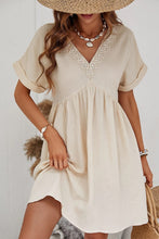 Load image into Gallery viewer, Beige Folded Short Sleeve Lace V Neck Mini Dress | Dresses/Mini Dresses
