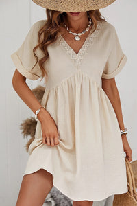 Beige Folded Short Sleeve Lace V Neck Mini Dress | Dresses/Mini Dresses