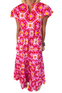 Maxi Dress | Strawberry Pink Geo Print V-neck Dress