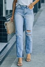 Load image into Gallery viewer, Sky Blue Side Splits Ripped Straight Leg High Waist Jeans
