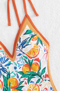 Orange Fruit Plant Print Tied Straps V Neck One Piece Swimsuit | Swimwear/One Piece Swimsuit