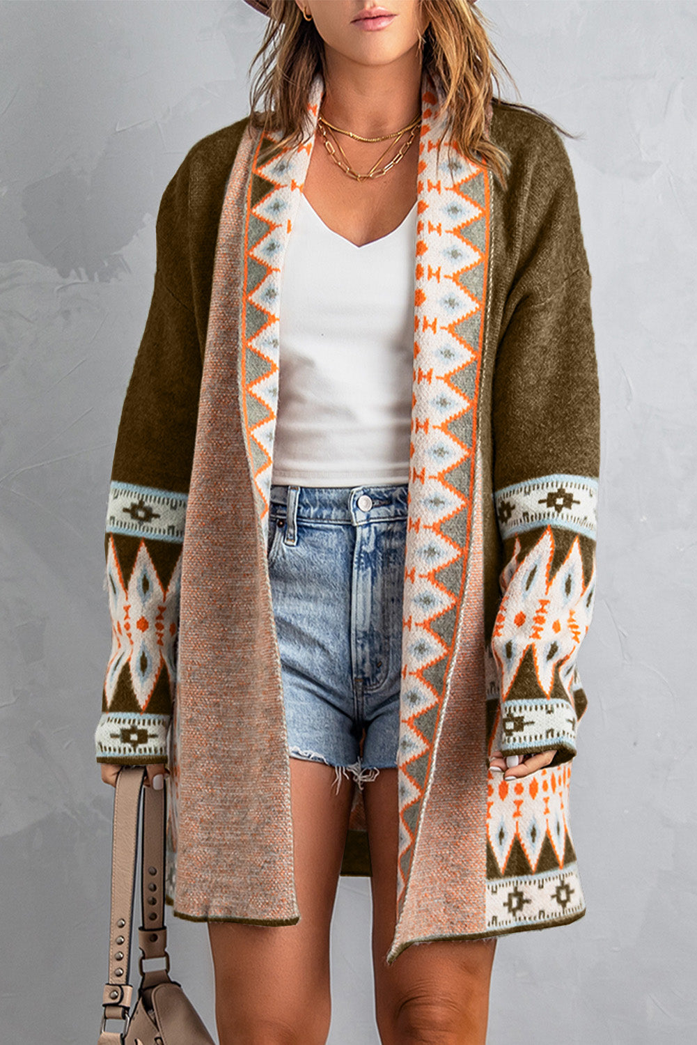 Brown Aztec Print Open Front Knitted Cardigan | Tops/Sweaters & Cardigans