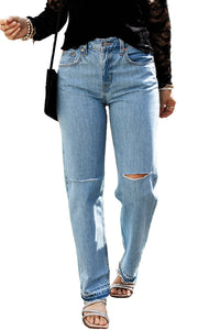 Light Blue Distressed Slit Leg Raw Edge Straight Jeans | Bottoms/Jeans