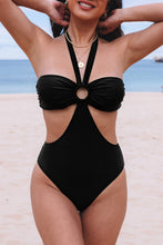 Load image into Gallery viewer, Black Halter O-ring Ruched Bust One Piece Swimsuit | Swimwear/One Piece Swimsuit
