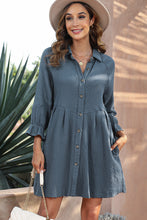 Load image into Gallery viewer, Sail Blue 3/4 Ruffled Sleeve Buttoned Crinkled Shirt Dress | Dresses/Mini Dresses
