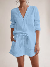 Load image into Gallery viewer, Top &amp; Shorts Set | Notched Long Sleeve Top and Shorts Set
