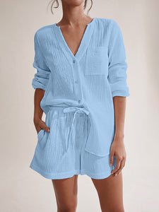 Top & Shorts Set | Notched Long Sleeve Top and Shorts Set