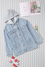 Load image into Gallery viewer, Sky Blue Button Closure Ripped Hooded Denim Jacket | Outerwear/Denim jackets
