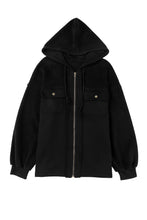 Load image into Gallery viewer, Black Flap Pocket Drawstring Hood Zip Up Jacket | Outerwear/Jackets
