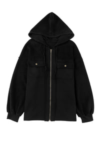 Black Flap Pocket Drawstring Hood Zip Up Jacket | Outerwear/Jackets